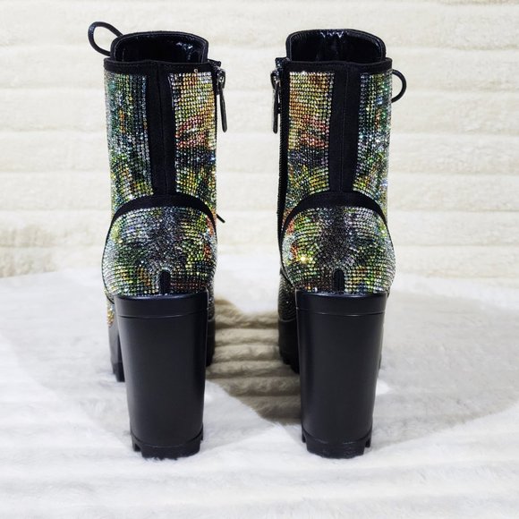 New Story Multi Sparkle Rhinestone Mag Lug Sole Chunky High Heel Ankle Boots - Picture 5 of 10